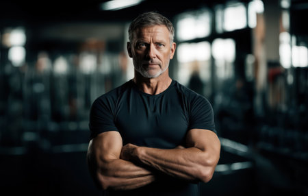 portrait of a personal trainer with crossed arms in the gym. Confident, happy male athlete. AI generated.の素材