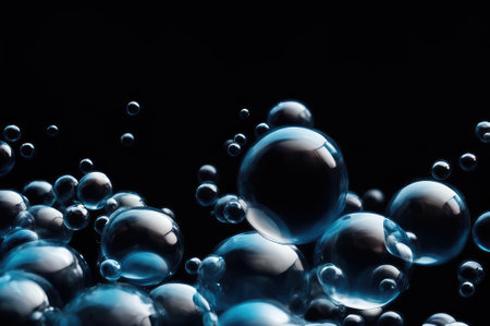 Blue bubbles on a black background. Background for presentations and performances. AI generated.の素材
