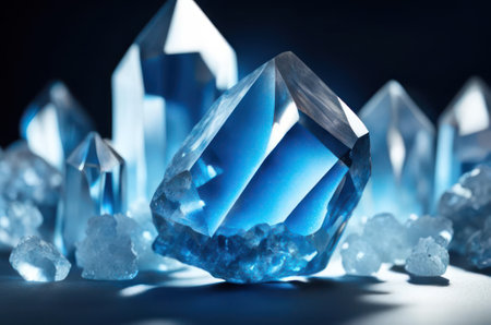 Amazing colorful Quartz Rainbow Flame Blue Aqua Aura crystal cluster closeup macro isolated on black background. AI generated.の素材