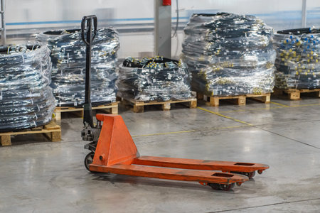 Stack of wrapped metal reels on pallets with a hand pallet truck in a spacious warehouse
