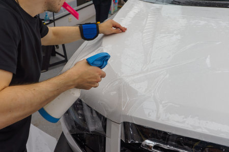 A worker is applying transparent film to a car to protect it from gravel and scratches on the hood of a white car. Applying transparent paint protection film.の写真素材