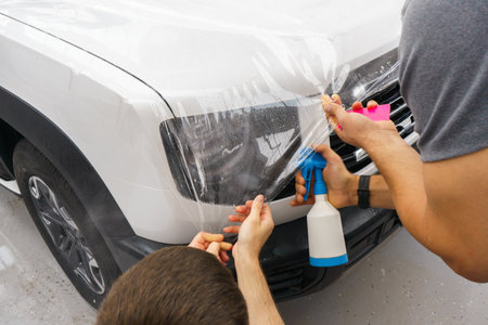 A worker is applying transparent film to a car to protect it from gravel and scratches on the hood of a white car. Applying transparent paint protection film.の写真素材