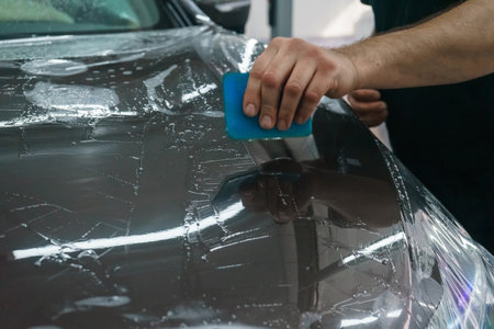 Worker smoothing transparent protective film on car hood. Car wrapping with protective film. Detailingの写真素材
