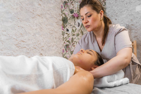 Massage with woman in spa for wellness, cosmetics treatment. Relax, peace with female customer and...