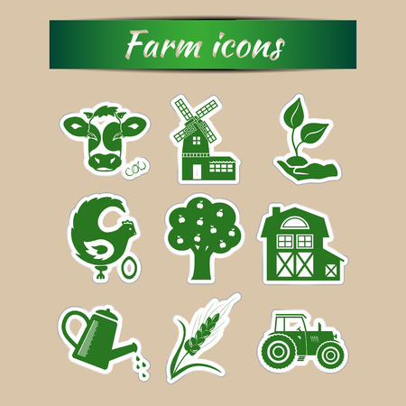 Set of green farm vector icons. Vector farm animals, farm organic product, machinery and tools on the farm.のイラスト素材