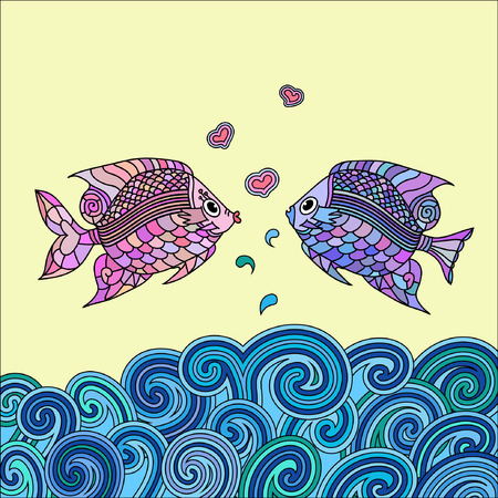 Pair of vector fish in love above the seaのイラスト素材