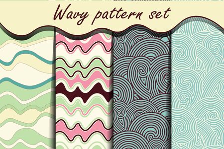 Colorful cartoon waves seamless pattern set. Vector illustration for abstract aqua design. Endless texture can be used for fills, web page background, surface. Collection of wallpaper with waves.のイラスト素材