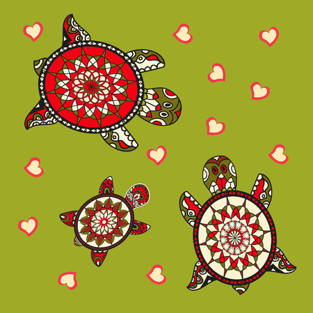 Background with turtle. Family of sea turtles. Vector illustration. Animal love.のイラスト素材