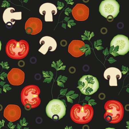 Tomato, parsley, carrot cucumber vector seamless pattern. Vegetable vegetarian template on the black...