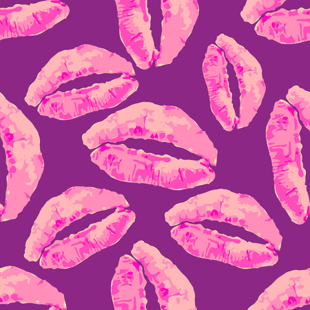 Seamless pattern with rose lips on a purple background. Vector kiss illustration. Pink kisses seamless pattern. Kiss and lips pattern backgroundのイラスト素材