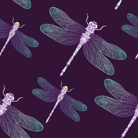 Seamless vector pattern with blue shiny dragonfly on a dark plum background. Elegant decoration. Can be used for wallpaper, pattern fills, web page background, surface textures. Vector night design.のイラスト素材