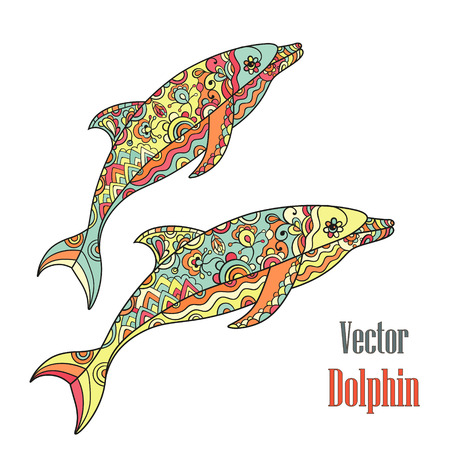 Vector hand drawn dolphin doodle illustrations. Dolphins couple. Ethnic tribal design. Boho styled.のイラスト素材