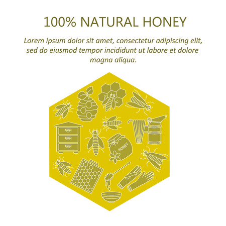 Honey vector card with thin line icons - sweet honey, natural honeycomb, beehive, wax, honeycomb, and other apiary equipment signs.のイラスト素材