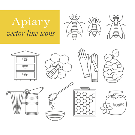 Apiary vector thin line icons set. Sweet honey, natural honeycomb, beehive, wax, honeycomb, and other apiary equipment signs.のイラスト素材