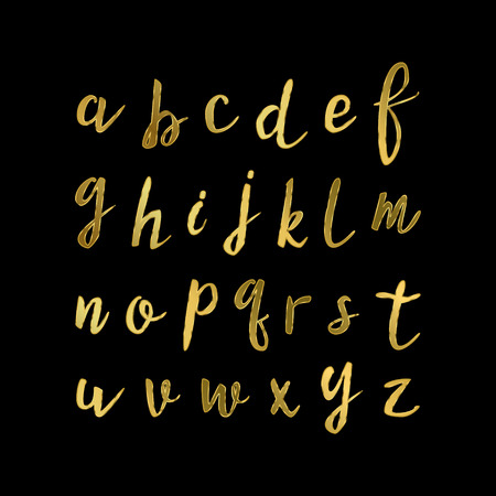 Hand drawn modern script, quote font. Handwritten vector alphabet for quotes and lettering. Golden letters on a black background.のイラスト素材