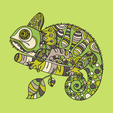 Hand drawn chameleon. Ethnic tribal styled pattern. Colored zentangle lizard. Boho design. Vector.のイラスト素材