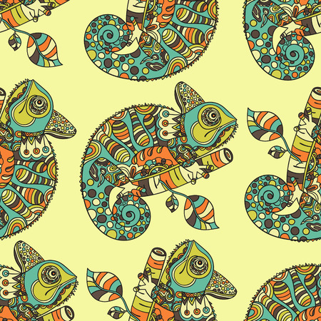 Seamless pattern with hand drawn chameleon. Ethnic tribal styled pattern. Colored zentangle lizard. Boho design. Vector.のイラスト素材