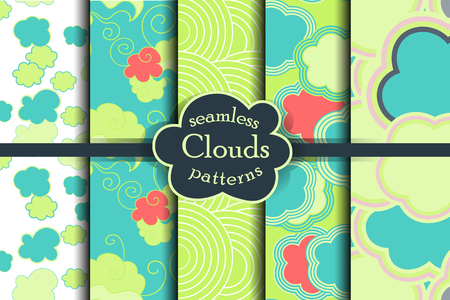 Bright, colorful, cartoon sky and clouds seamless pattern set. Vector illustration. Heaven collection.のイラスト素材