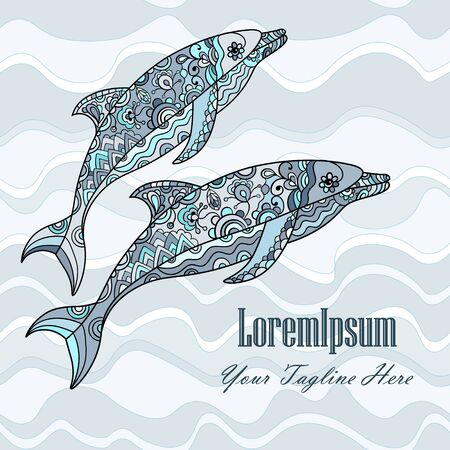 Vector hand drawn dolphins doodle illustration. Colored ornate dolphin on the waves.のイラスト素材