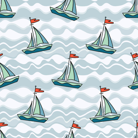 Seamless pattern with cartoon sailing ship on the waves. Vector.のイラスト素材