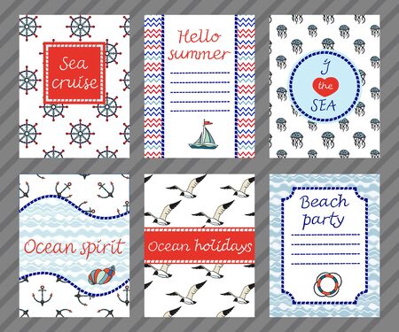 Set of sea banners and flyers with handwritten text. Card templates in white, blue and red colors. Sea theme. Vector collection.のイラスト素材