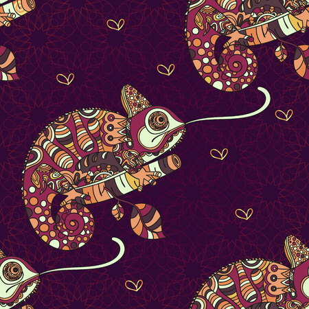 Seamless pattern with hand drawn chameleon. Ethnic tribal styled pattern. Colored zentangle lizard. Boho design. Vector.のイラスト素材