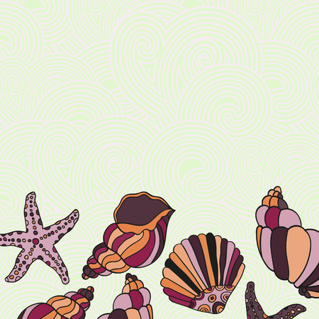 Vector Frame Illustration of Shells. Color Holiday greeting card with shells and starfishes on the waves and place for text.のイラスト素材