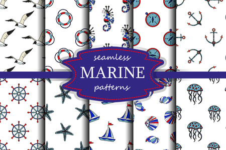 Vector seamless patterns. Set of sea and nautical seamless backgrounds. Sea theme. Vector illustration.のイラスト素材