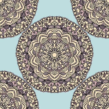 Seamless pattern with mandala circular elements, business cards set. Template with ornate tribal elements for your design.のイラスト素材