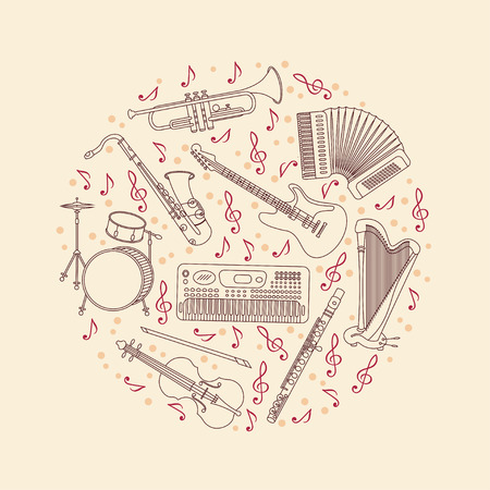 Vector card with different music instruments synthesizer, drums, accordion, violin, trumpet, harp, drum, saxophone, electric, guitar, flute. Place for your text.のイラスト素材