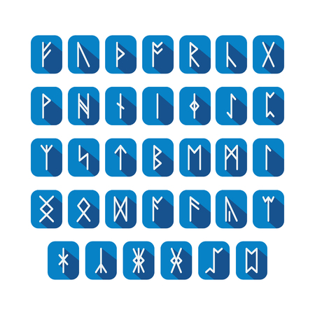 Set of Old Norse Scandinavian runes in modern flat style with long shadows. Rune alphabet. Vectorのイラスト素材