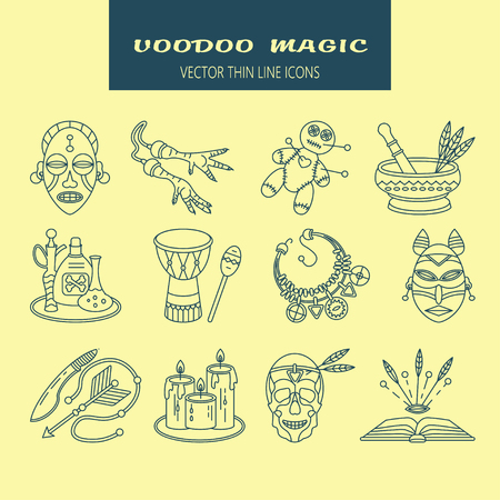Voodoo African and American magic vector line icons. Voodoo doll, skull, chicken foot, necklace, poison, candles, drums, book a machete.のイラスト素材