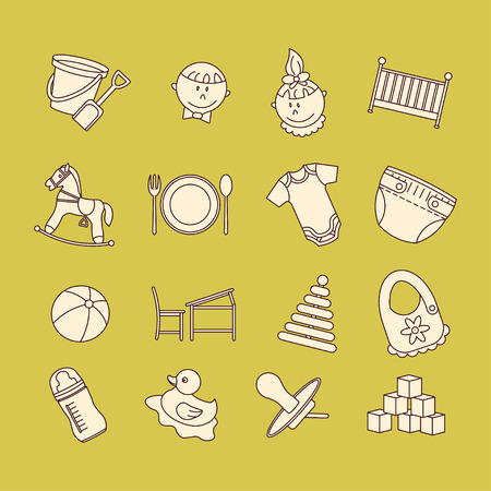 Child and baby care center color thin line icons. Kindergarten vector  . Diaper, sandpit, slide, horse, ball, bottle, crib, pacifier.のイラスト素材