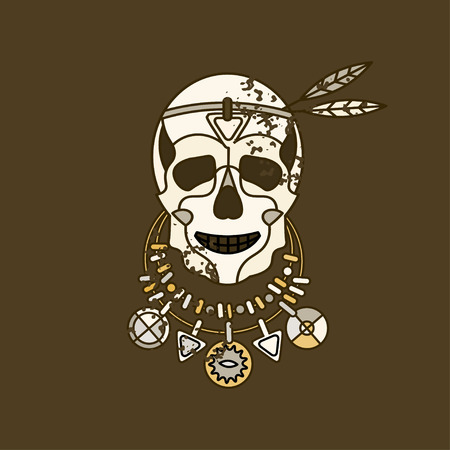 Vector skull  with necklace and feathers for religious and tseremenony. Avrikansky souvenir and symbol of black magic.のイラスト素材