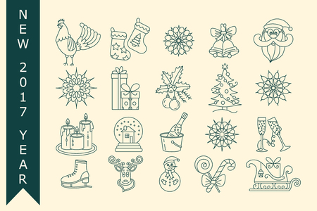 Christmas thin line icons set. Modern icons for New Year 2017 with winter and year symbols - snowflake, Santa, reindeer sleigh, champagne, ice skating, gifts, rooster, etc.のイラスト素材