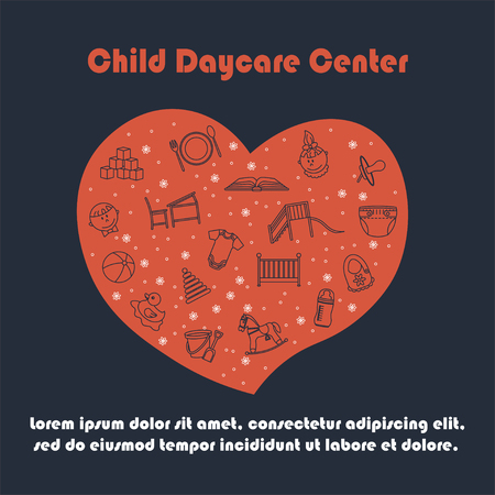 Vector card with baby thin line icons. Kindergarten vector  . Diaper, sandpit, slide, horse, ball, bottle crib pacifierのイラスト素材