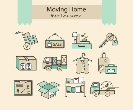 Warehouse logistic thin line icons. Moving home, moving house business services  . Vector thin line icons.のイラスト素材