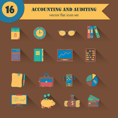 Bookkeeping vector flat icons. Finance, accounting and auditing, economic, business symbols. Business illustrationのイラスト素材