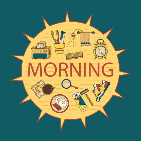 Good morning vector card with modern symbols of good start to the day - breakfast, coffee, sports, hygiene.のイラスト素材