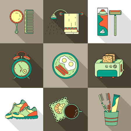 Good morning thin line vector icon set. Breakfast, coffee, sports, hygiene - modern symbols of good start to the day.のイラスト素材