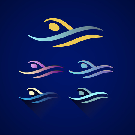 Modern Vector Abstract Swimming Logo. Pool logo set. Swimming through waves concept designのイラスト素材