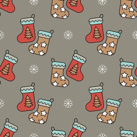 Vector seamless pattern with sock and snowflakes for Christmas and New Year 2017. Vector illustration for Merry Christmas and Happy New Year print design.のイラスト素材