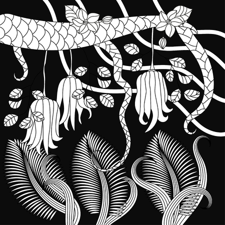 Pattern with tropical plants, flowers and citron Buddha s hand . Vector illustration. Adult antistress coloring page.のイラスト素材