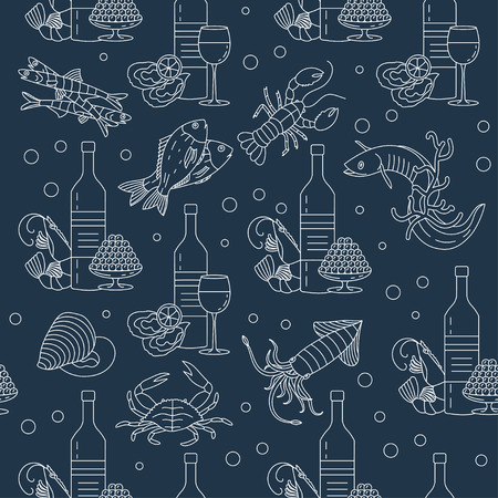 Marine life seamless vector pattern. Symbols of various seafood delicacies and wine.のイラスト素材