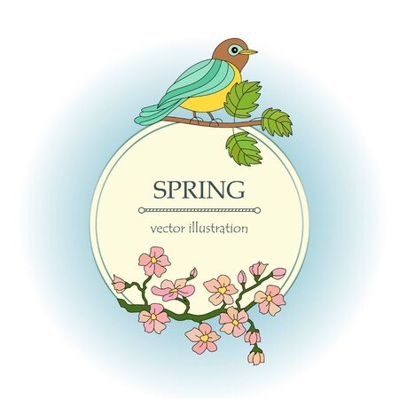 Card with tit on a branch and cherry flowers. Vector illustration.のイラスト素材