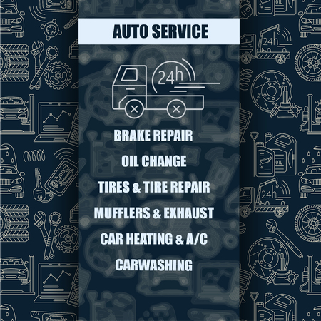 Vector card with symbols of car service - tire service, car wash, tow truck, etc. It will be useful for flyers, banners, discount cards and web.の写真素材