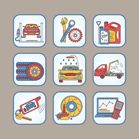 Vector thin line pictogram symbols of car service - tire service, car wash, tow truck, etc.のイラスト素材