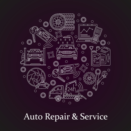 Vector card with symbols of car service - tire service, car wash, tow truck, etc. It will be useful for flyers, banners, discount cards and web.のイラスト素材