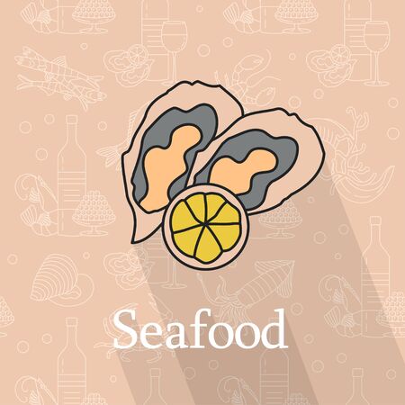 Oysters with lemon. Vector illustration. Seafood Logo. Color iconの写真素材