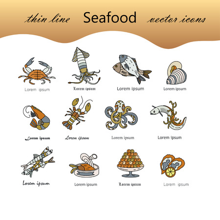Seafood color vector icons set. Symbols of various delicacies - oyster, cancer, molluscs, mussels, eel, caviar, anchovies, octopus and dorado.の写真素材